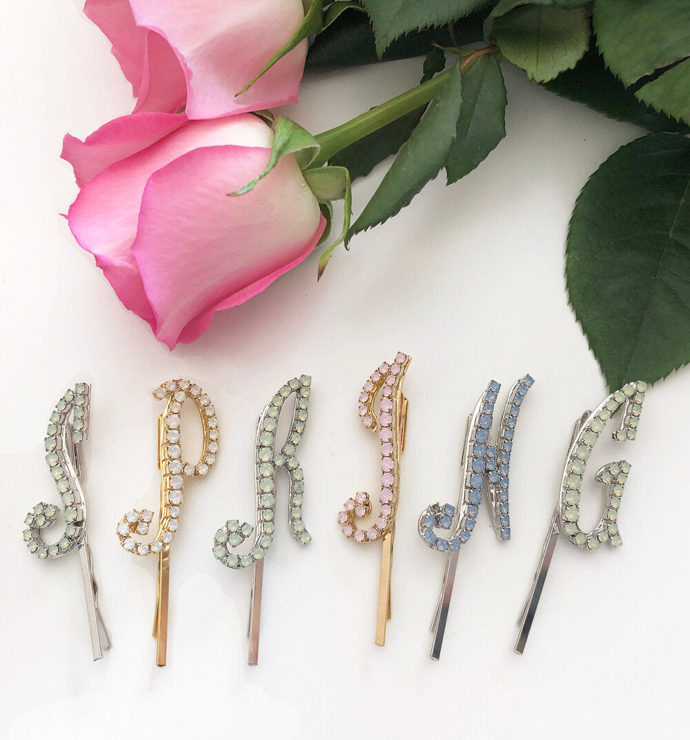ROSEWATER OPAL CURSIVE LETTER BOBBY PIN - Epona Valley | Luxury Hair Accessories | Bridal Accessories | Made In NYC